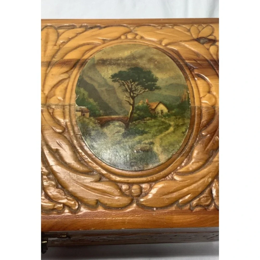 Vintage Carved Cedar Chest Wood Jewelry Box 11 x 6 